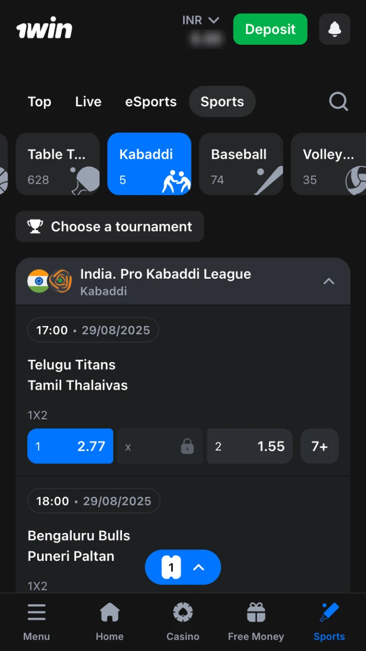 Find Kabaddi in 1win sports section and place a bet.