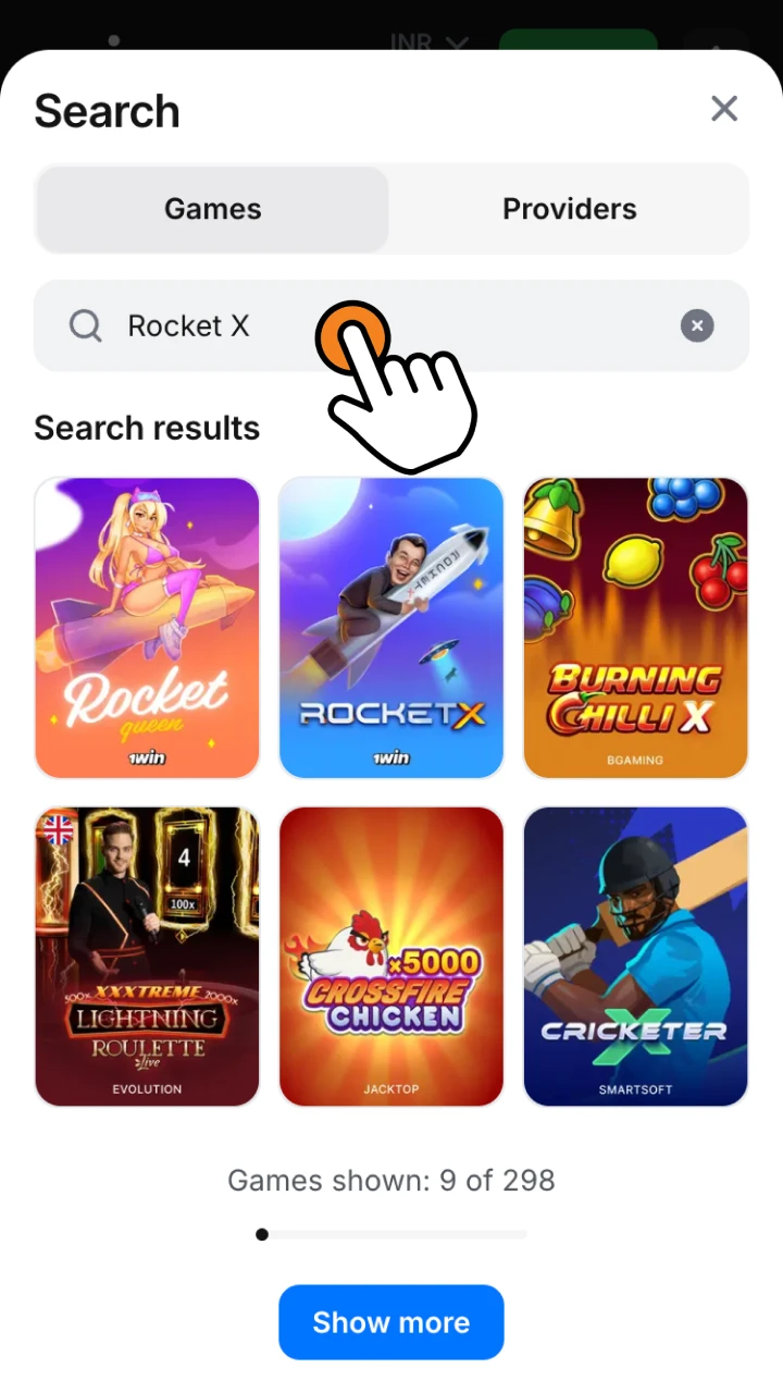 Find Rocket X game in the 1win casino section.