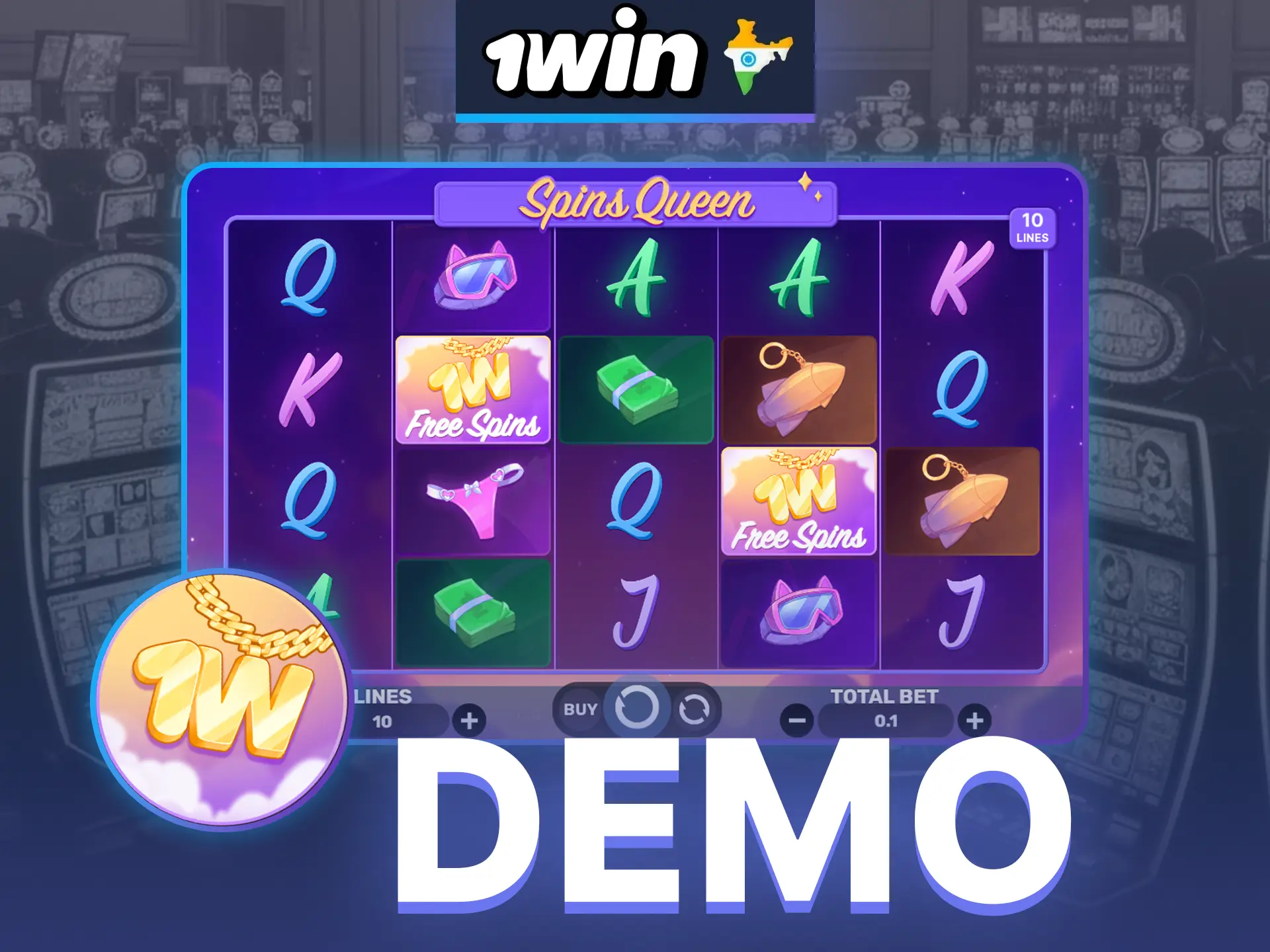 Take advantage of the Spins Queen demo mode at 1win to learn the game and not lose money.