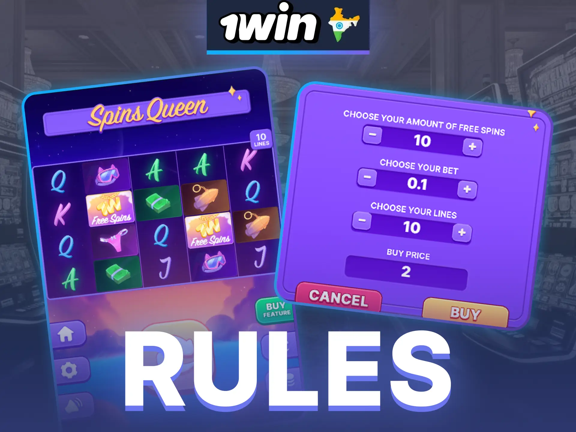 It only takes a couple of minutes to familiarize yourself with the rules of Spins Queen at 1win.