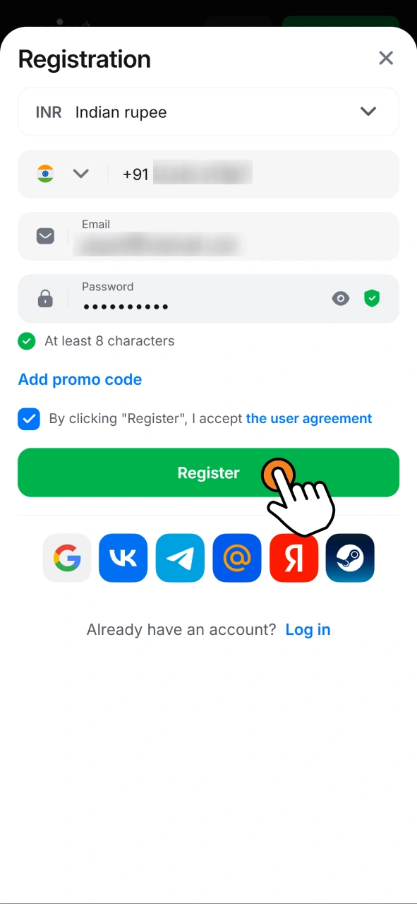 Click the register button to finish your sign-up at 1Win.