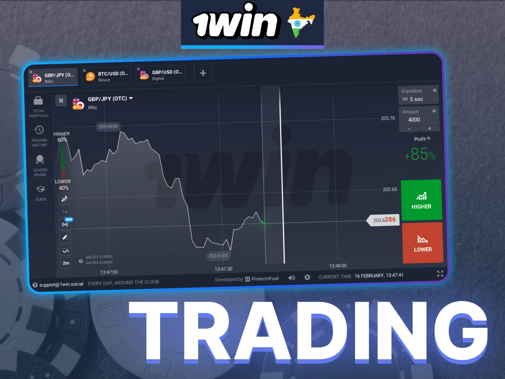 Engage in financial trading with options like GBP/JPY OTC and predict market trends at 1Win.