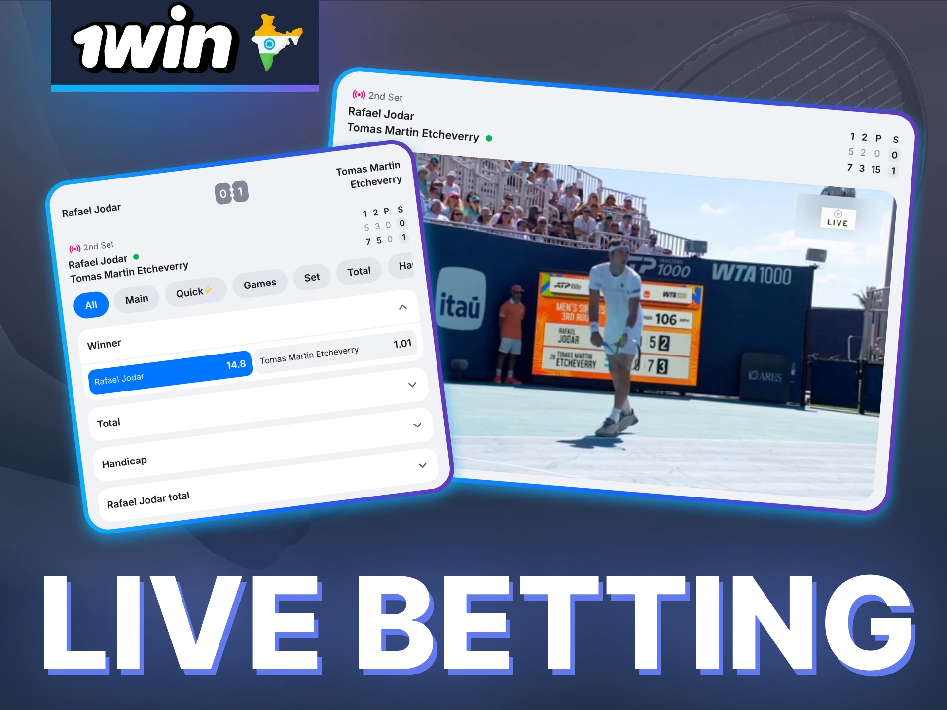 Place live tennis bets on 1Win and enjoy real time markets with quick access and flexible options.